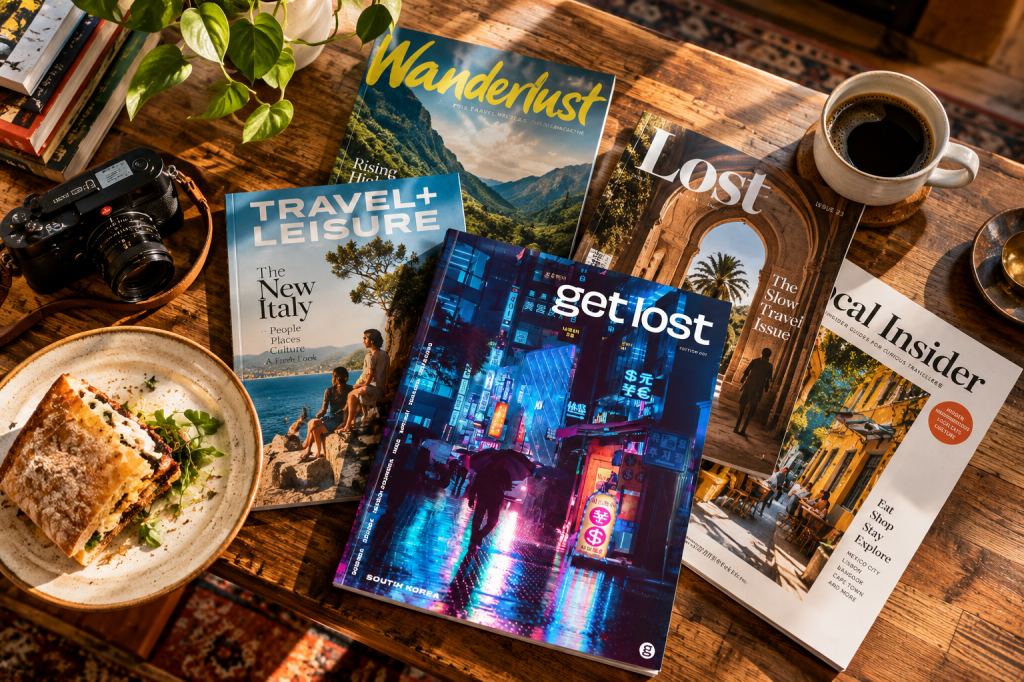 A wooden table featuring stacked travel magazines including 'Wanderlust', 'Travel+Leisure', 'Lost', and 'get lost', alongside a camera, a plate of food, and a cup of coffee.